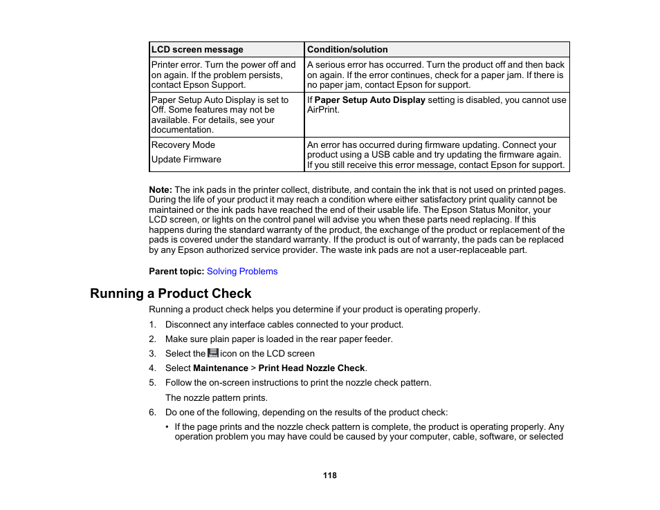 Running a product check | Epson SureColor P900 17" Photo Printer User Manual | Page 118 / 158