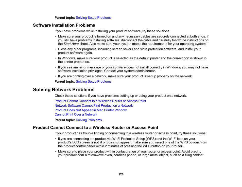 Software installation problems, Solving network problems | Epson SureColor P900 17" Photo Printer User Manual | Page 120 / 158