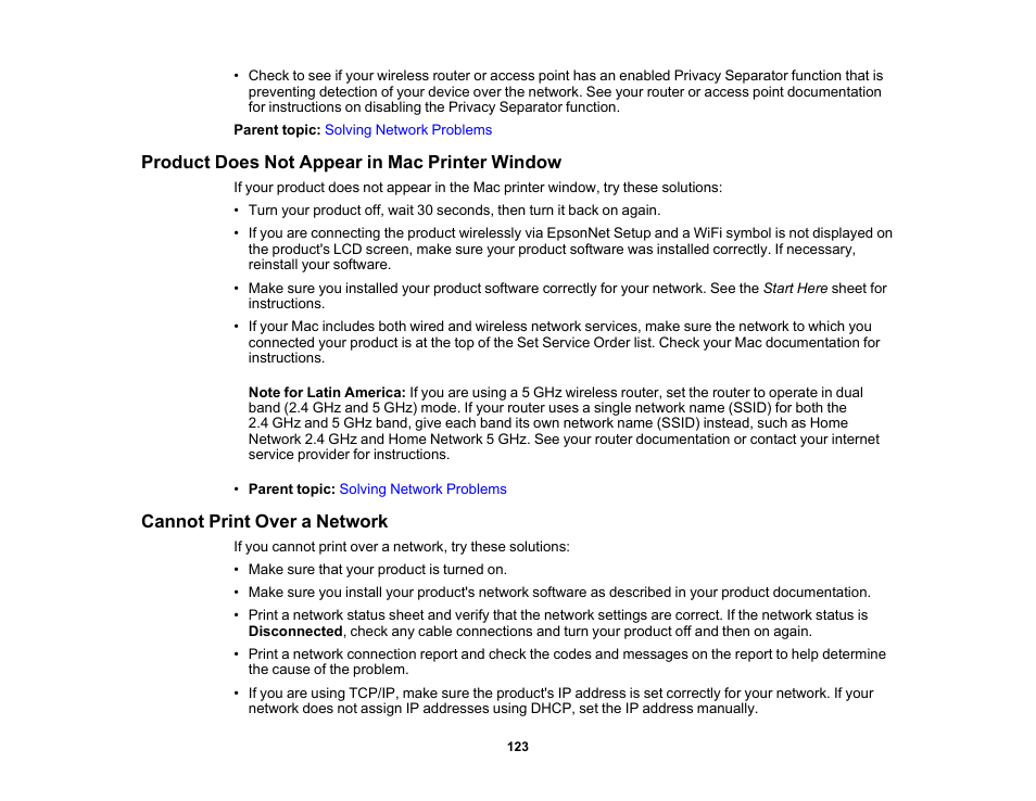 Product does not appear in mac printer window, Cannot print over a network | Epson SureColor P900 17" Photo Printer User Manual | Page 123 / 158