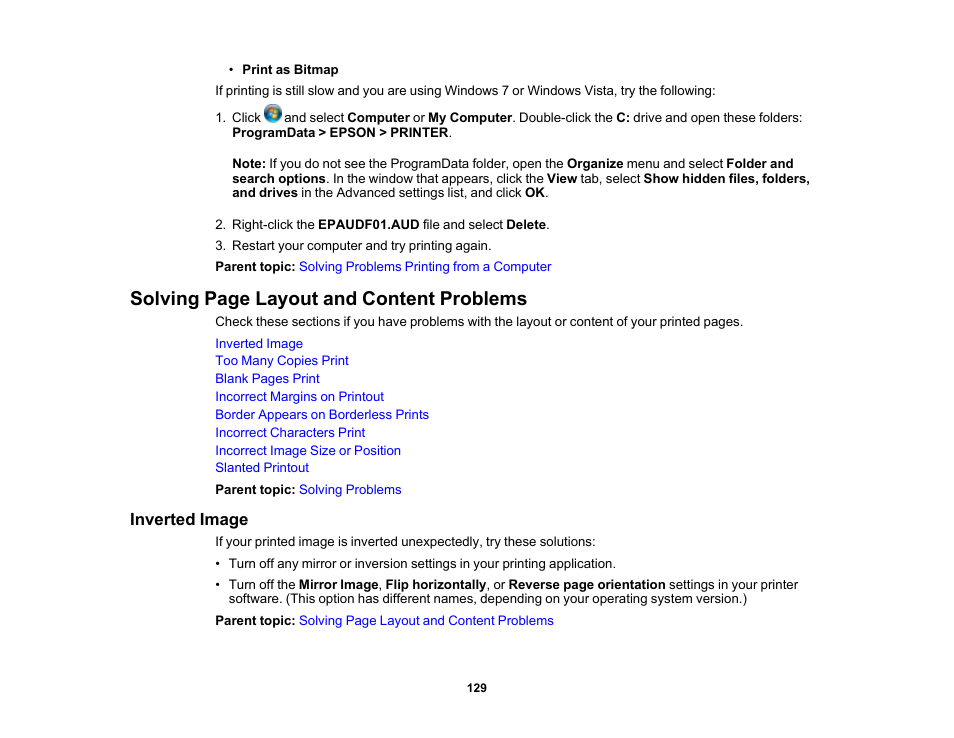 Inverted image, Solving page layout and content problems | Epson SureColor P900 17" Photo Printer User Manual | Page 129 / 158