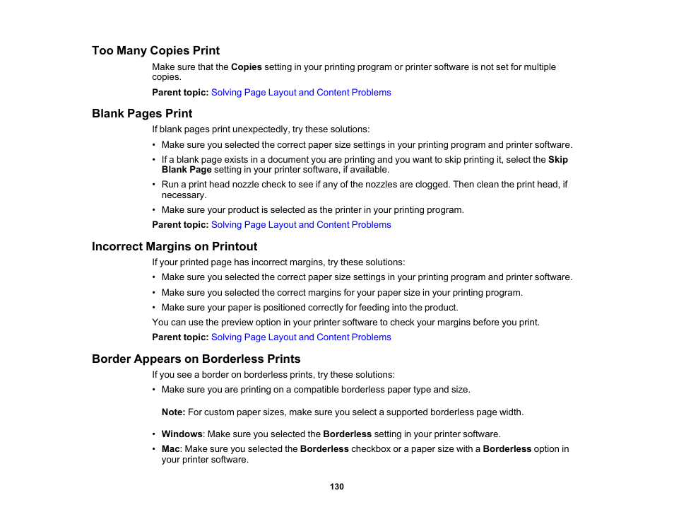 Too many copies print, Incorrect margins on printout, Border appears on borderless prints | Epson SureColor P900 17" Photo Printer User Manual | Page 130 / 158