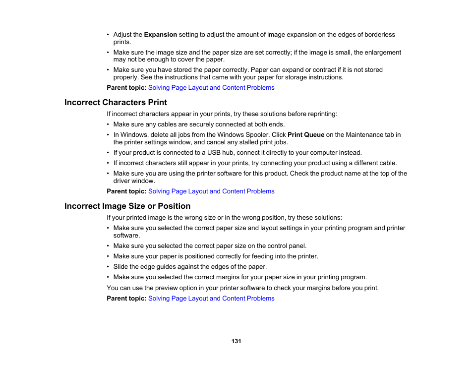 Incorrect characters print, Incorrect image size or position | Epson SureColor P900 17" Photo Printer User Manual | Page 131 / 158