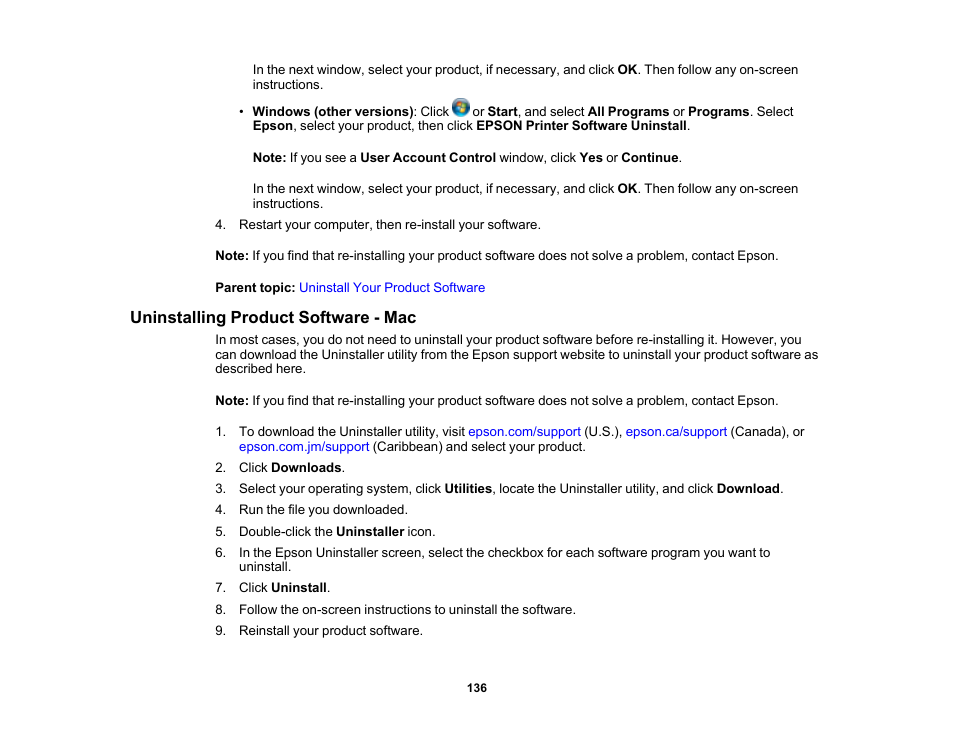 Uninstalling product software - mac | Epson SureColor P900 17" Photo Printer User Manual | Page 136 / 158