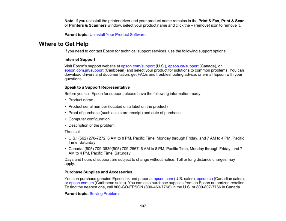 Where to get help | Epson SureColor P900 17" Photo Printer User Manual | Page 137 / 158