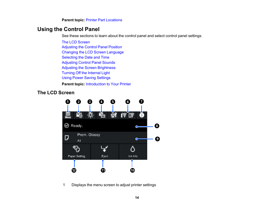 Using the control panel, The lcd screen | Epson SureColor P900 17" Photo Printer User Manual | Page 14 / 158