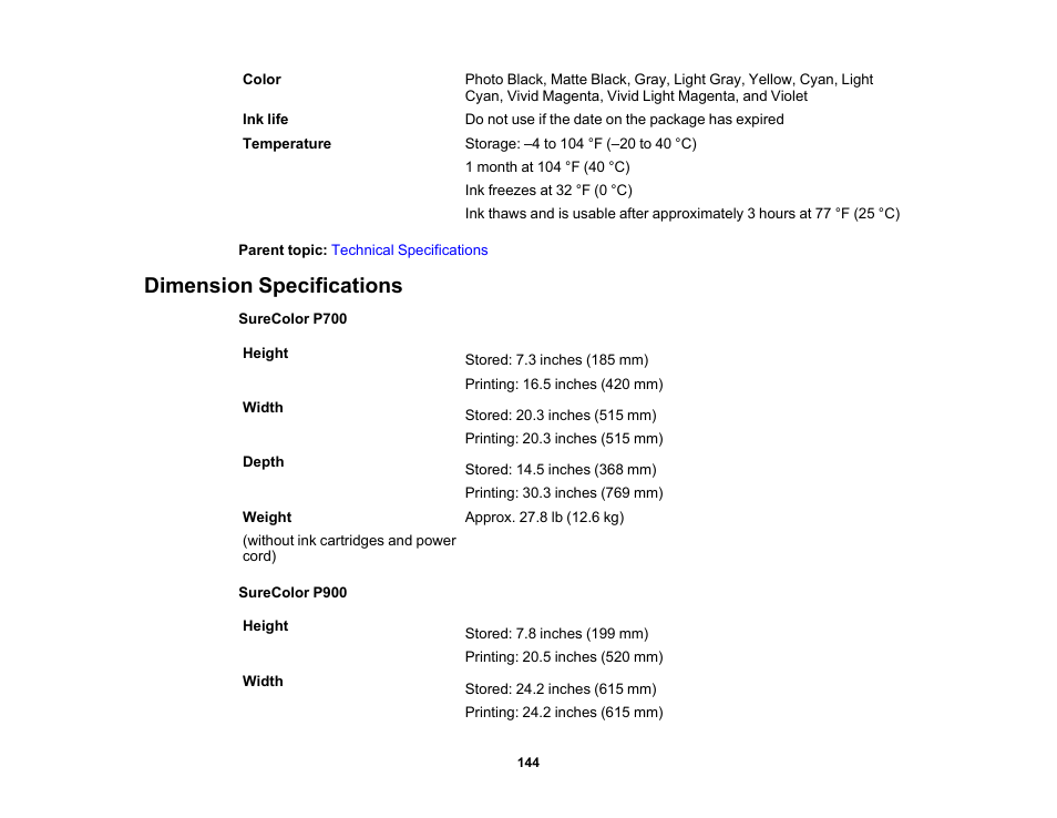 Dimension specifications | Epson SureColor P900 17" Photo Printer User Manual | Page 144 / 158