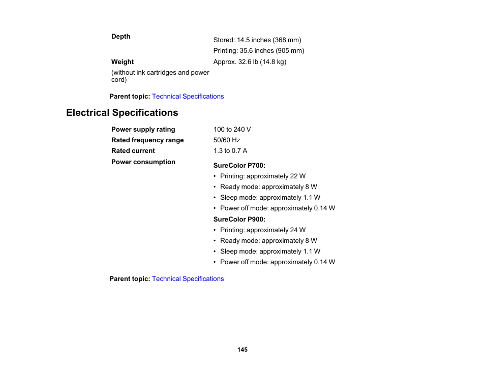 Electrical specifications | Epson SureColor P900 17" Photo Printer User Manual | Page 145 / 158