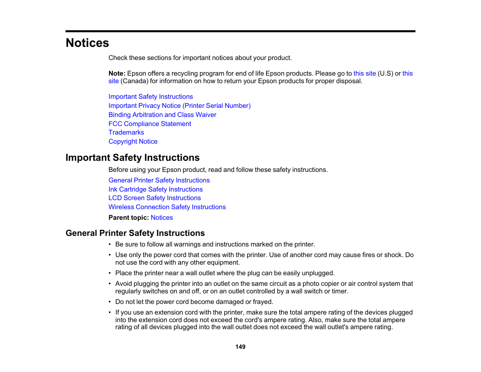 Notices, Important safety instructions, General printer safety instructions | Epson SureColor P900 17" Photo Printer User Manual | Page 149 / 158