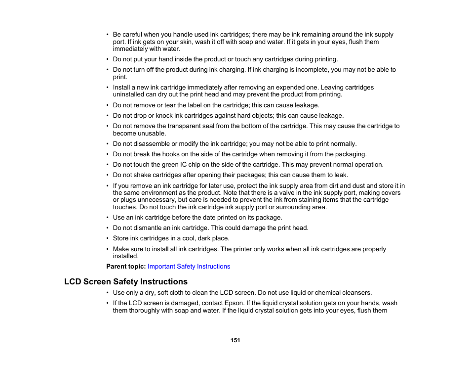 Lcd screen safety instructions | Epson SureColor P900 17" Photo Printer User Manual | Page 151 / 158