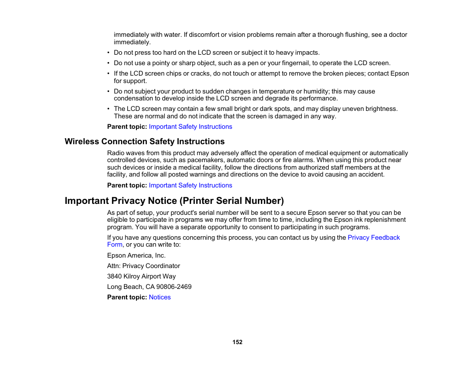 Wireless connection safety instructions, Important privacy notice (printer serial number) | Epson SureColor P900 17" Photo Printer User Manual | Page 152 / 158