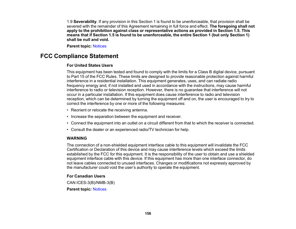 Fcc compliance statement | Epson SureColor P900 17" Photo Printer User Manual | Page 156 / 158