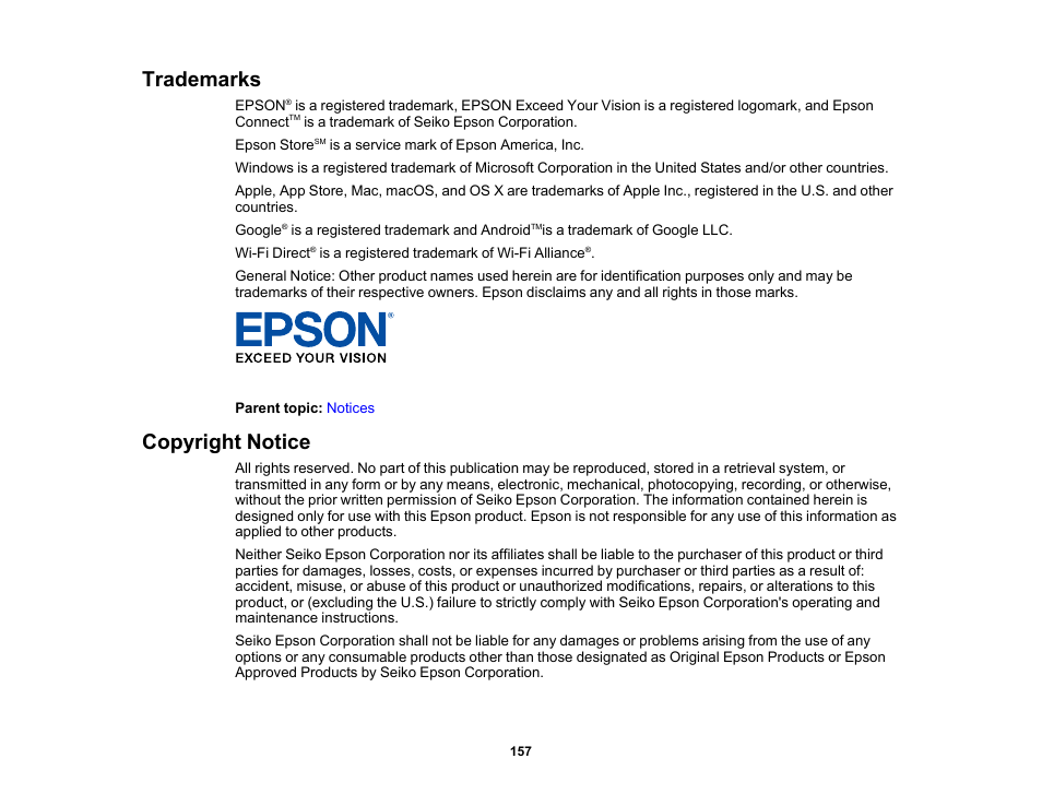 Trademarks, Copyright notice, Trademarks copyright notice | Epson SureColor P900 17" Photo Printer User Manual | Page 157 / 158