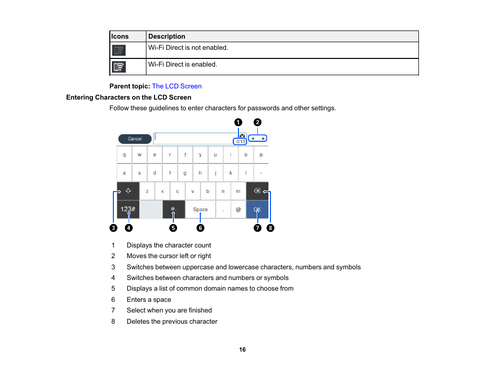 Entering characters on the lcd screen | Epson SureColor P900 17" Photo Printer User Manual | Page 16 / 158