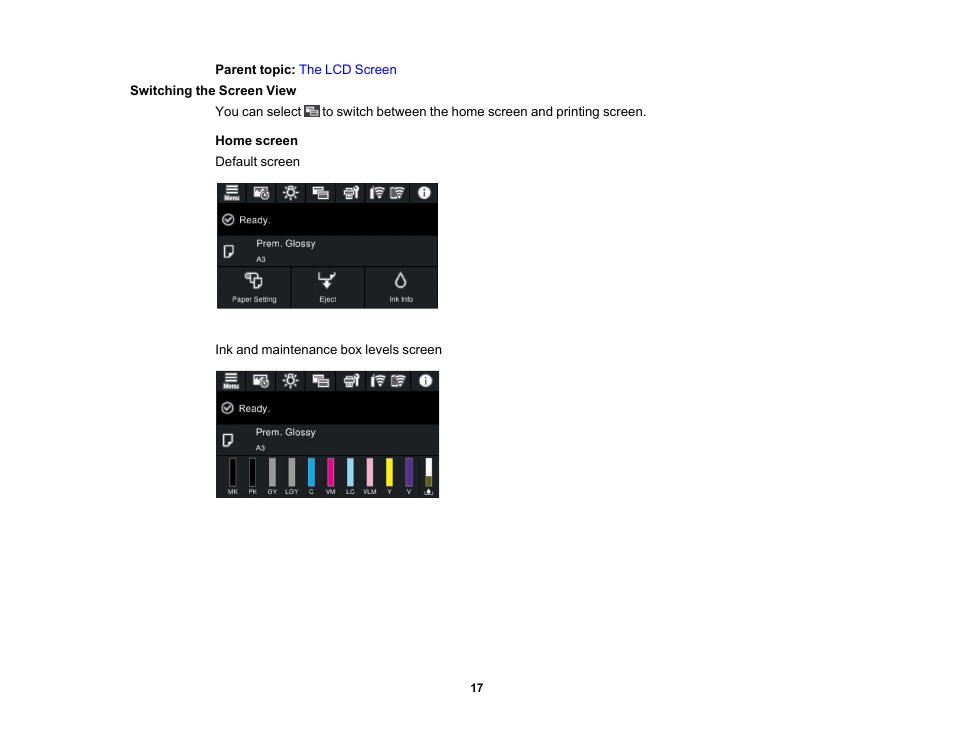 Switching the screen view | Epson SureColor P900 17" Photo Printer User Manual | Page 17 / 158