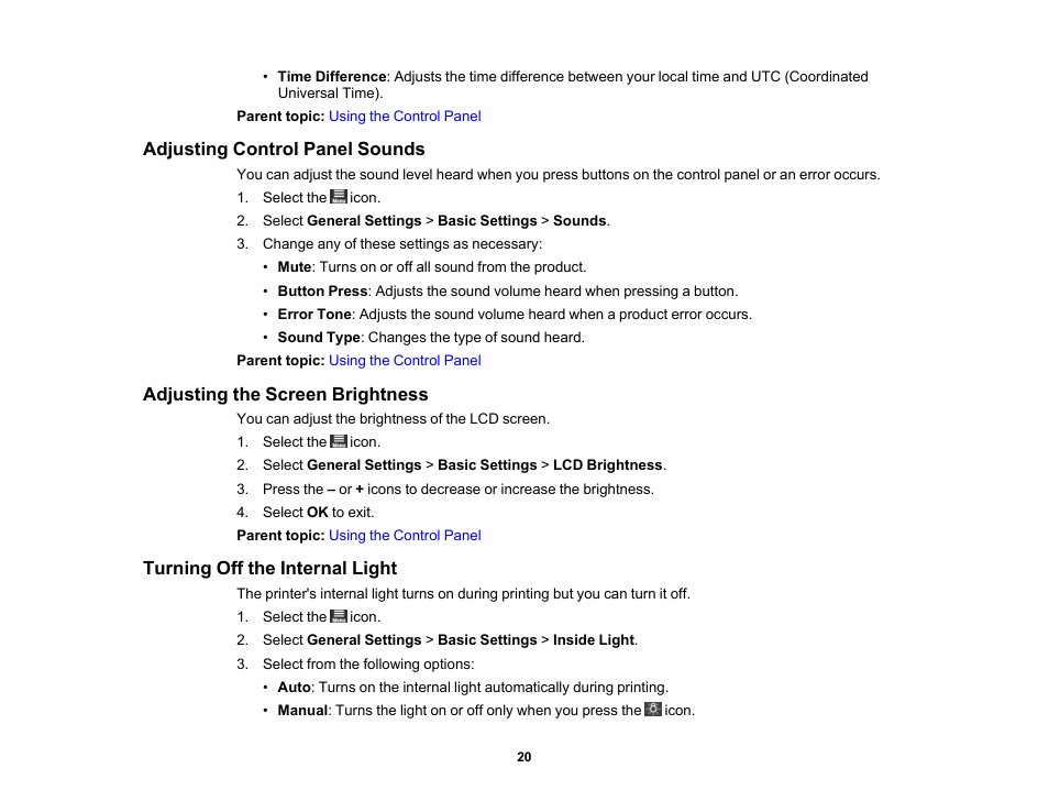 Adjusting control panel sounds, Adjusting the screen brightness, Turning off the internal light | Epson SureColor P900 17" Photo Printer User Manual | Page 20 / 158