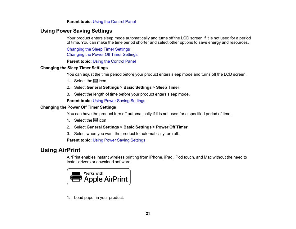 Using power saving settings, Changing the sleep timer settings, Changing the power off timer settings | Using airprint | Epson SureColor P900 17" Photo Printer User Manual | Page 21 / 158