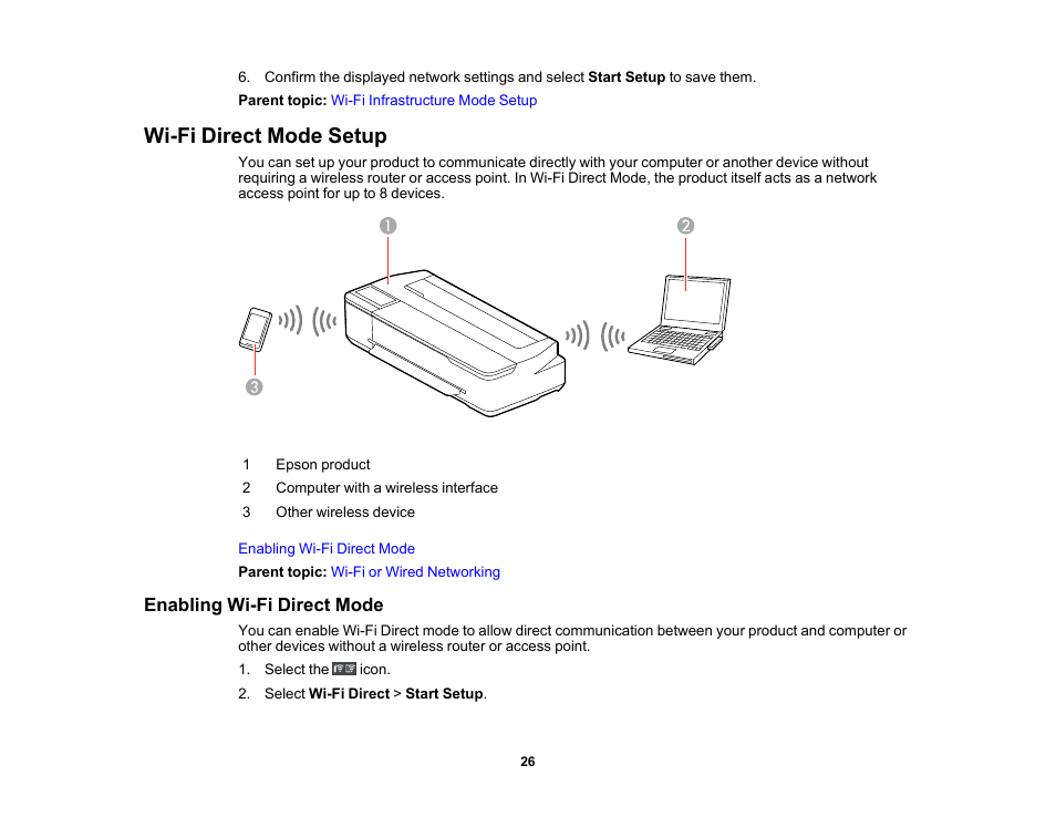 Wi-fi direct mode setup, Enabling wi-fi direct mode | Epson SureColor P900 17" Photo Printer User Manual | Page 26 / 158