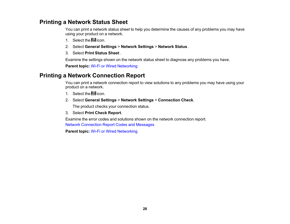 Printing a network status sheet, Printing a network connection report | Epson SureColor P900 17" Photo Printer User Manual | Page 28 / 158