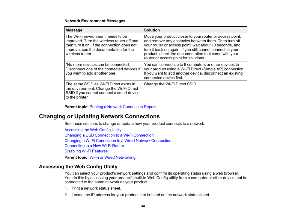 Changing or updating network connections, Accessing the web config utility | Epson SureColor P900 17" Photo Printer User Manual | Page 34 / 158