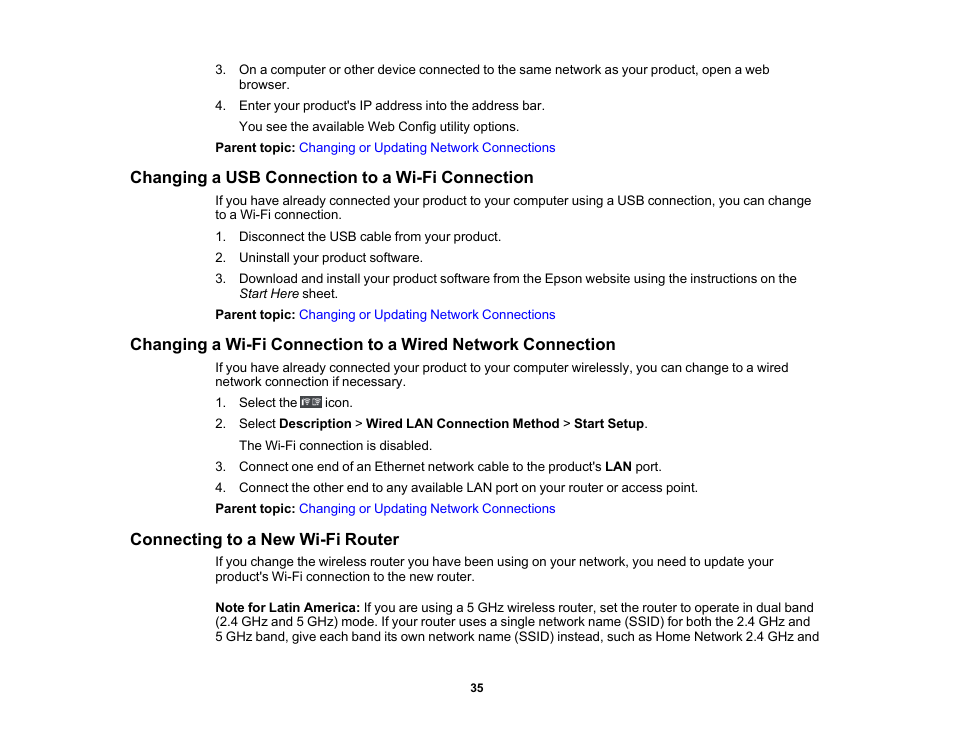 Changing a usb connection to a wi-fi connection, Connecting to a new wi-fi router | Epson SureColor P900 17" Photo Printer User Manual | Page 35 / 158