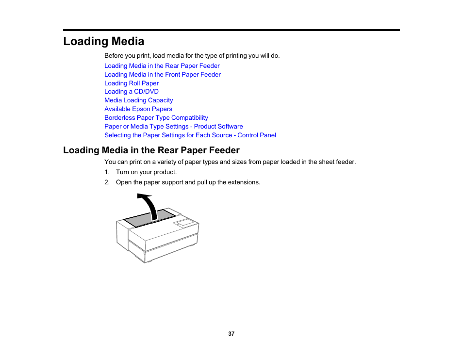 Loading media, Loading media in the rear paper feeder | Epson SureColor P900 17" Photo Printer User Manual | Page 37 / 158