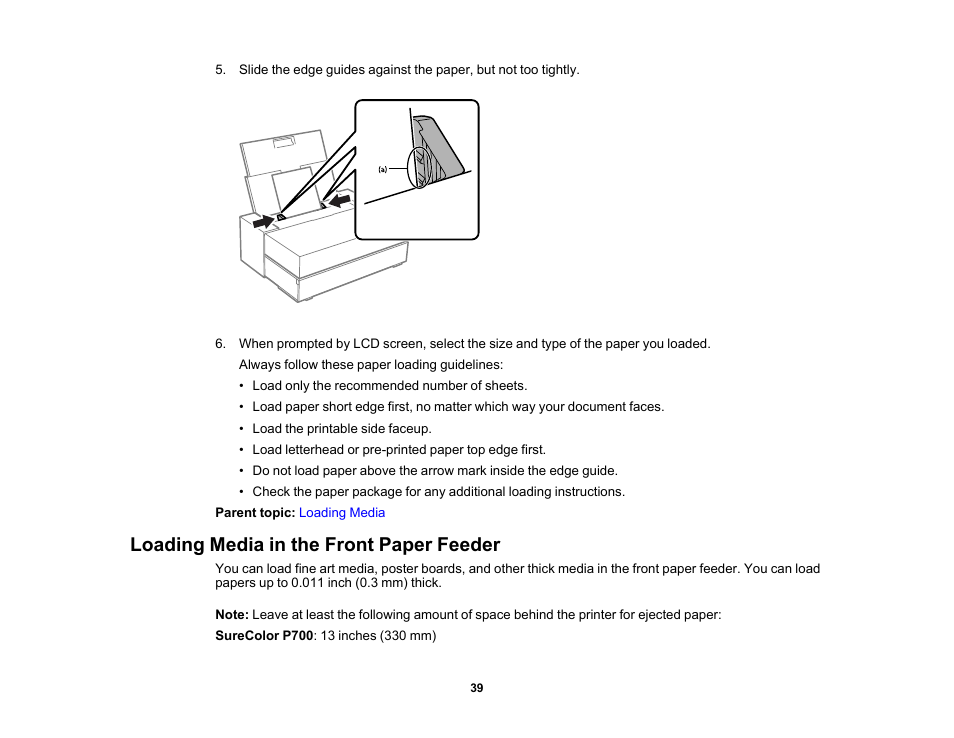 Loading media in the front paper feeder | Epson SureColor P900 17" Photo Printer User Manual | Page 39 / 158