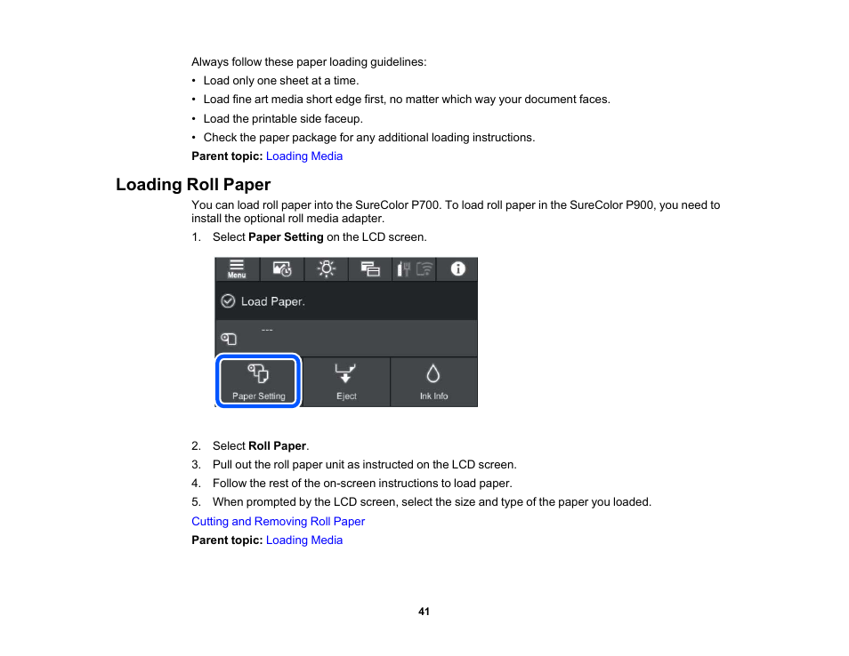 Loading roll paper | Epson SureColor P900 17" Photo Printer User Manual | Page 41 / 158