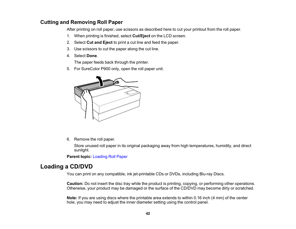 Cutting and removing roll paper, Loading a cd/dvd | Epson SureColor P900 17" Photo Printer User Manual | Page 42 / 158