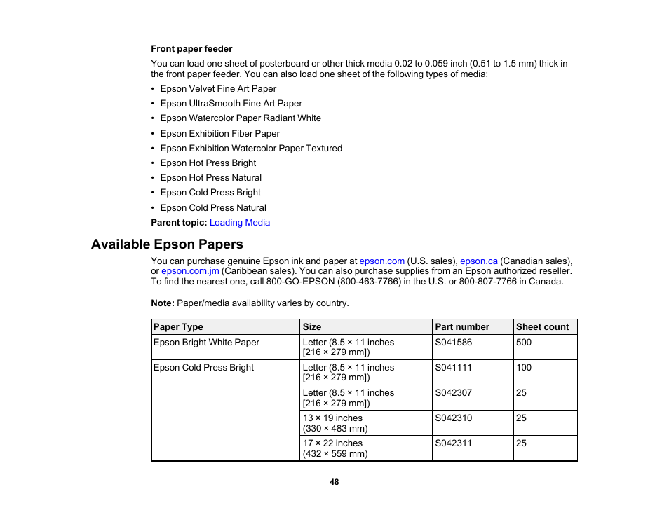 Available epson papers | Epson SureColor P900 17" Photo Printer User Manual | Page 48 / 158