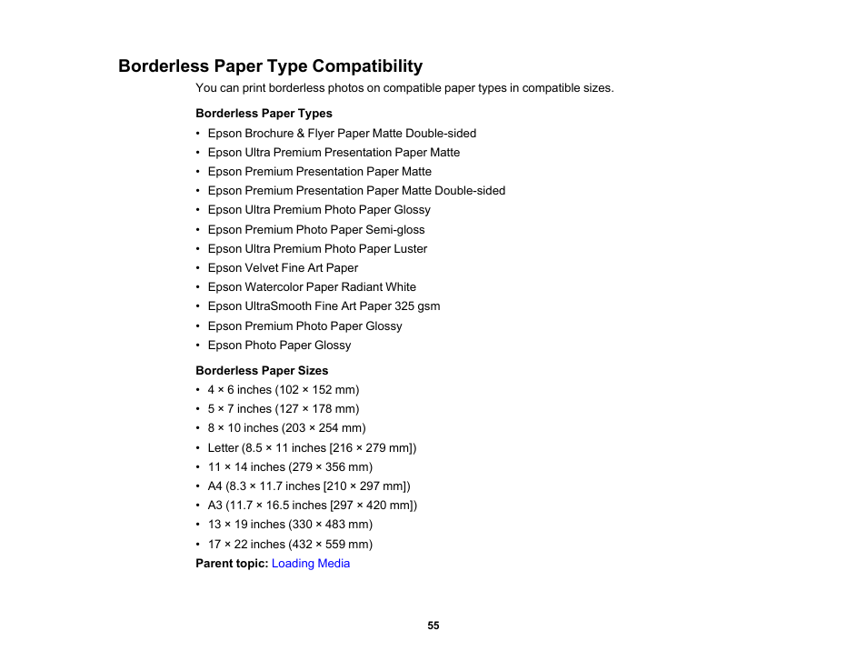 Borderless paper type compatibility | Epson SureColor P900 17" Photo Printer User Manual | Page 55 / 158