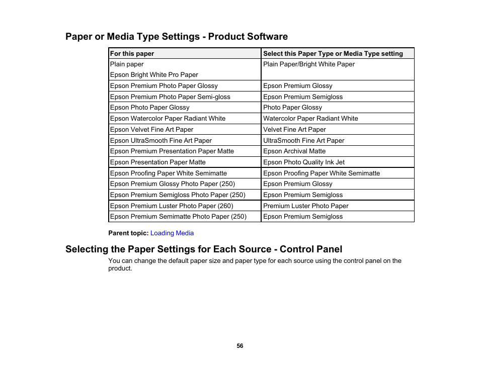 Paper or media type settings - product software | Epson SureColor P900 17" Photo Printer User Manual | Page 56 / 158