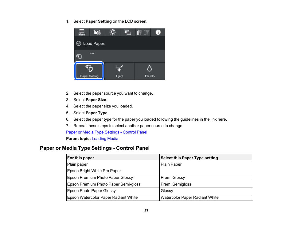 Paper or media type settings - control panel | Epson SureColor P900 17" Photo Printer User Manual | Page 57 / 158