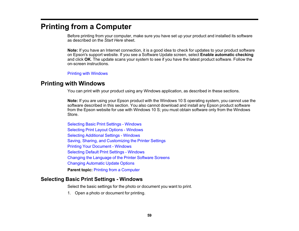 Printing from a computer, Printing with windows, Selecting basic print settings - windows | Epson SureColor P900 17" Photo Printer User Manual | Page 59 / 158