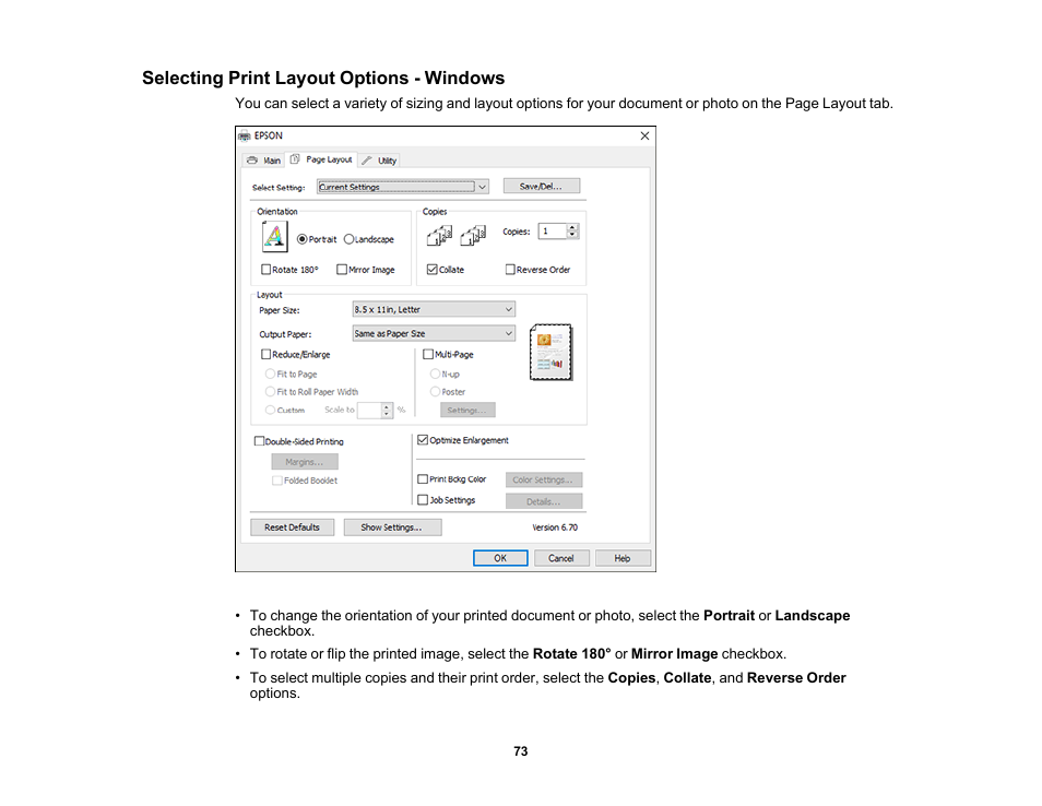 Selecting print layout options - windows | Epson SureColor P900 17" Photo Printer User Manual | Page 73 / 158