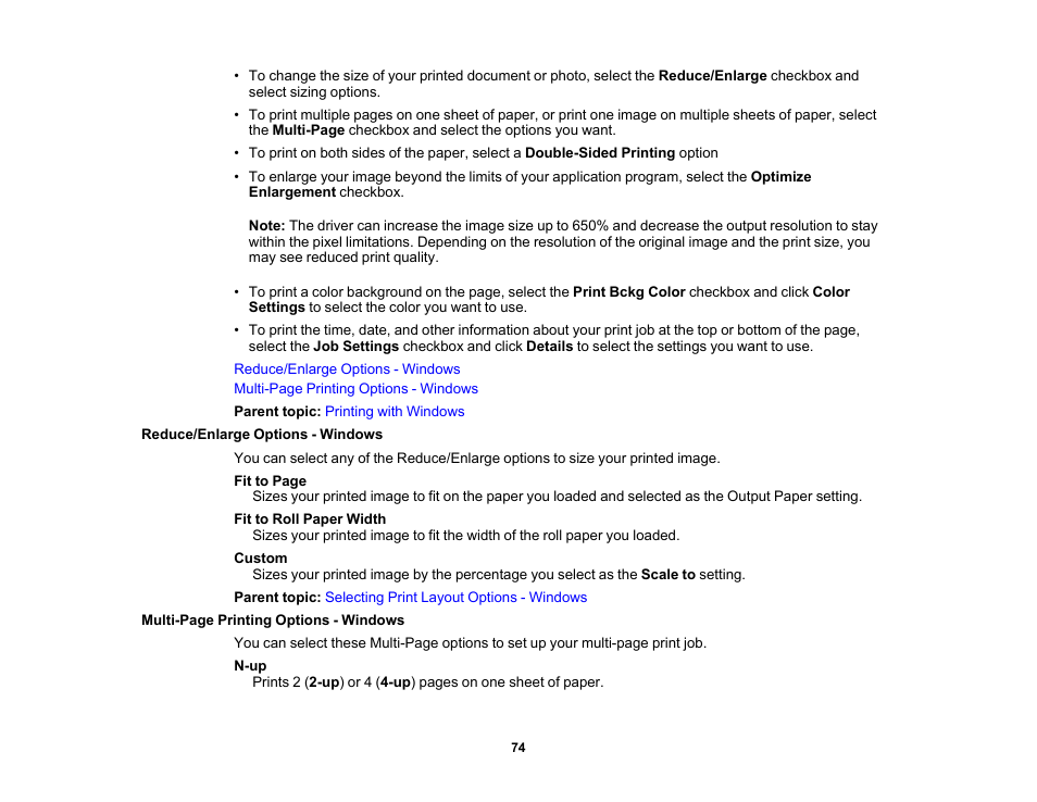 Reduce/enlarge options - windows | Epson SureColor P900 17" Photo Printer User Manual | Page 74 / 158