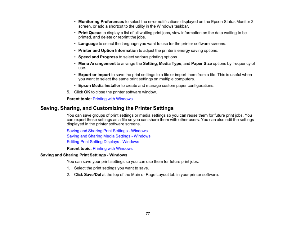 Saving and sharing print settings - windows | Epson SureColor P900 17" Photo Printer User Manual | Page 77 / 158