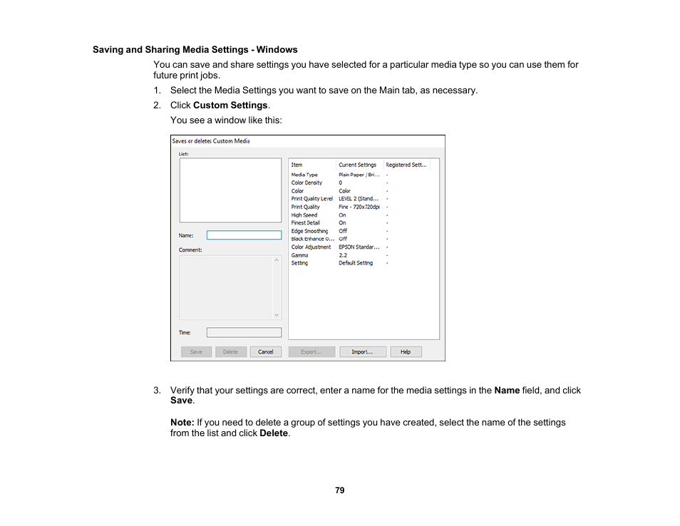 Saving and sharing media settings - windows | Epson SureColor P900 17" Photo Printer User Manual | Page 79 / 158