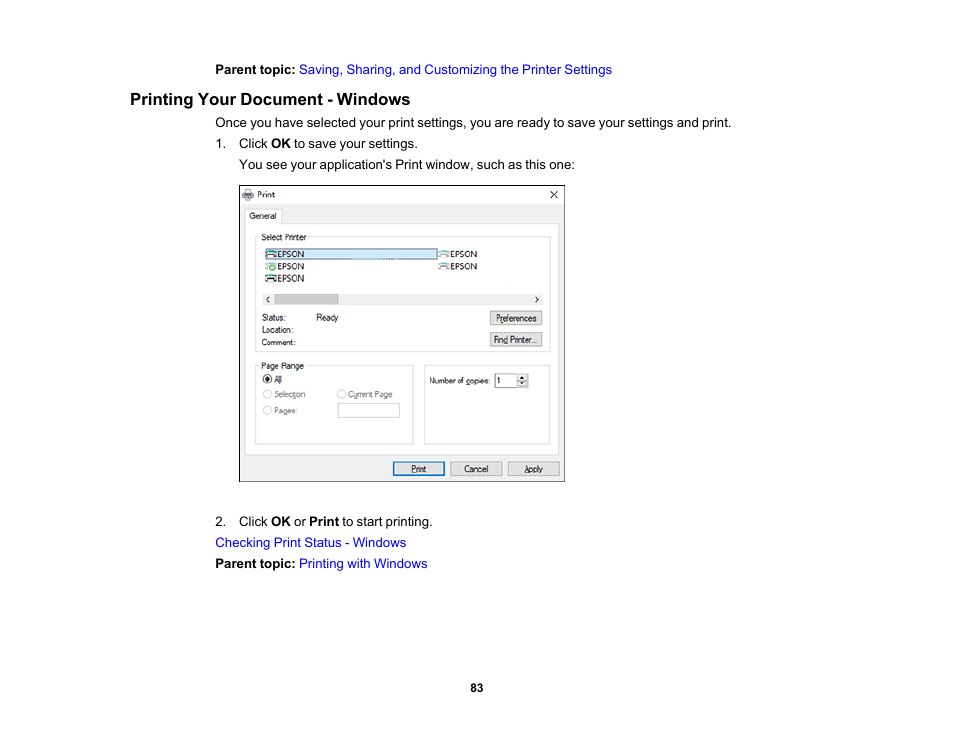 Printing your document - windows | Epson SureColor P900 17" Photo Printer User Manual | Page 83 / 158