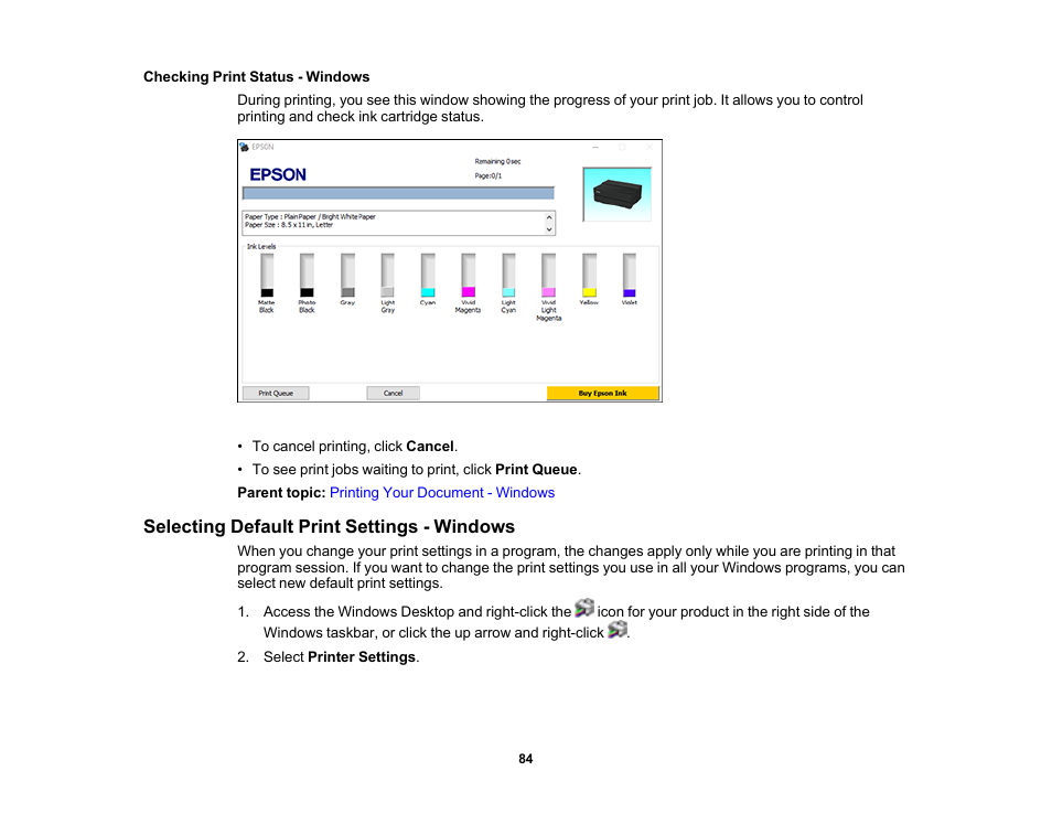 Checking print status - windows, Selecting default print settings - windows | Epson SureColor P900 17" Photo Printer User Manual | Page 84 / 158