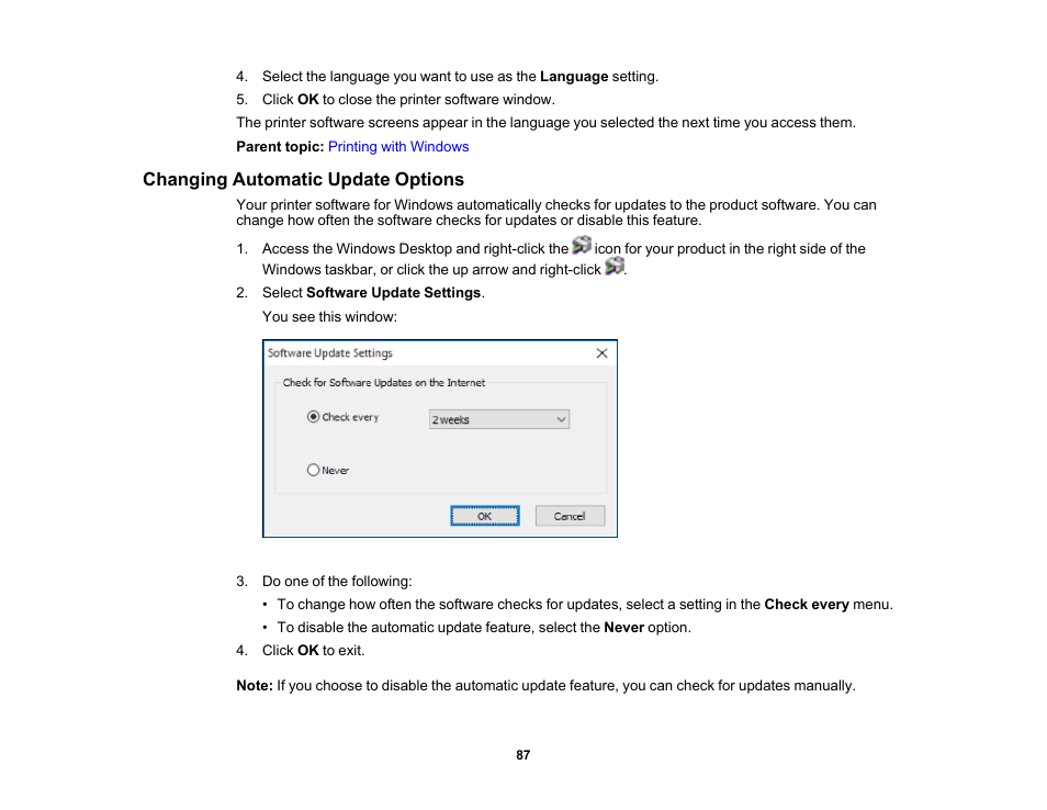 Changing automatic update options | Epson SureColor P900 17" Photo Printer User Manual | Page 87 / 158