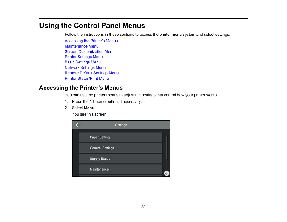 Using the control panel menus, Accessing the printer's menus | Epson SureColor P900 17