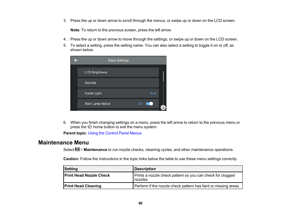 Maintenance menu | Epson SureColor P900 17" Photo Printer User Manual | Page 90 / 158