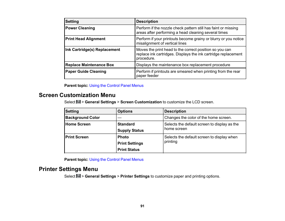 Screen customization menu, Printer settings menu, Screen customization menu printer settings menu | Epson SureColor P900 17" Photo Printer User Manual | Page 91 / 158