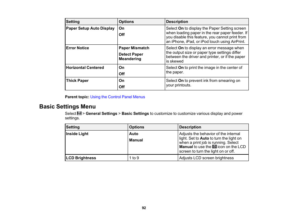 Basic settings menu | Epson SureColor P900 17" Photo Printer User Manual | Page 92 / 158