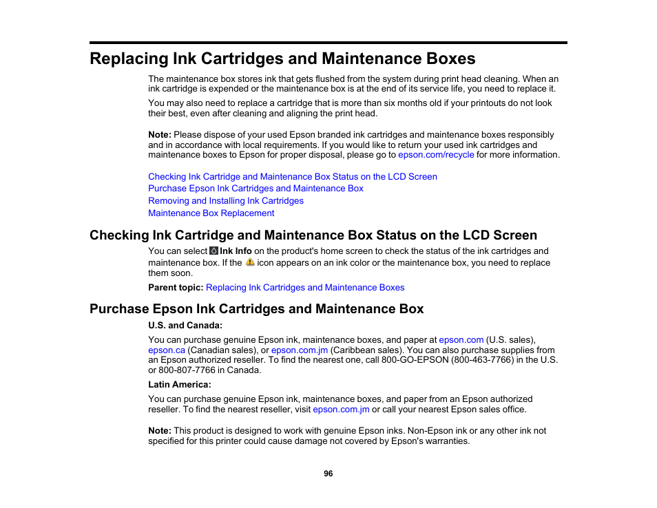 Replacing ink cartridges and maintenance boxes, Purchase epson ink cartridges and maintenance box | Epson SureColor P900 17" Photo Printer User Manual | Page 96 / 158