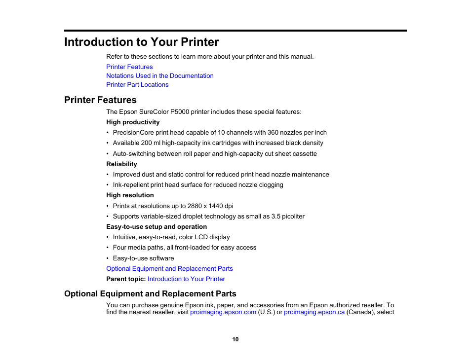 Introduction to your printer, Printer features, Optional equipment and replacement parts | Epson SureColor P5000 Commercial Edition 17" Wide-Format Inkjet Printer User Manual | Page 10 / 198