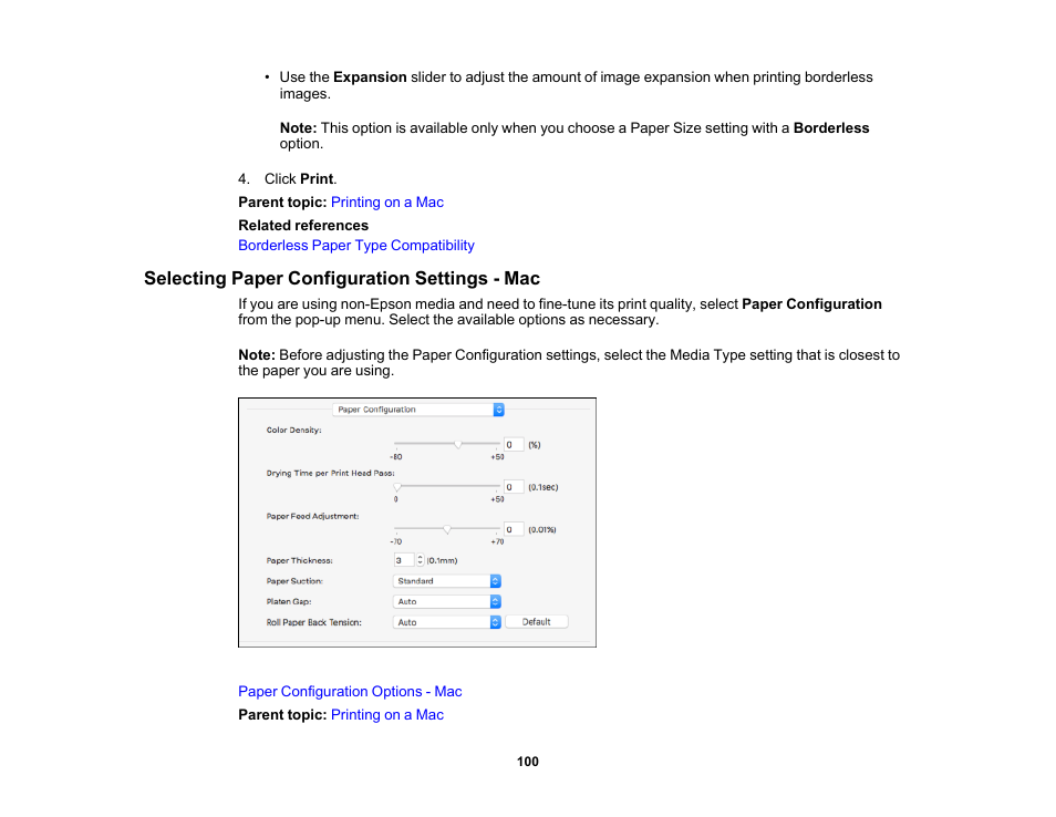 Selecting paper configuration settings - mac | Epson SureColor P5000 Commercial Edition 17" Wide-Format Inkjet Printer User Manual | Page 100 / 198