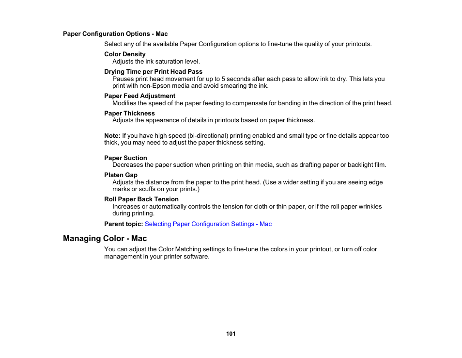 Paper configuration options - mac, Managing color - mac | Epson SureColor P5000 Commercial Edition 17" Wide-Format Inkjet Printer User Manual | Page 101 / 198