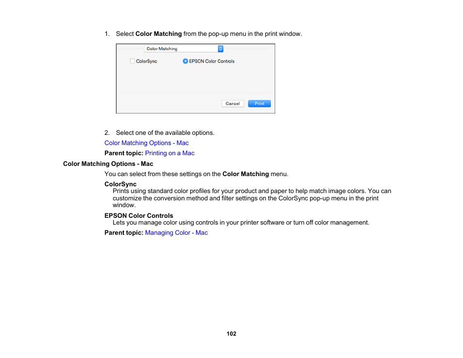 Color matching options - mac | Epson SureColor P5000 Commercial Edition 17" Wide-Format Inkjet Printer User Manual | Page 102 / 198