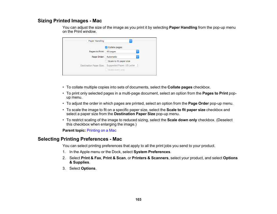 Sizing printed images - mac, Selecting printing preferences - mac | Epson SureColor P5000 Commercial Edition 17" Wide-Format Inkjet Printer User Manual | Page 103 / 198